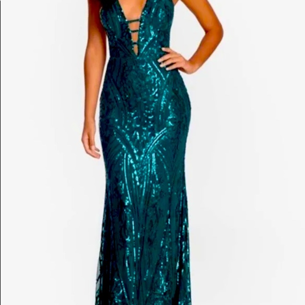 Blonde Nites Long Green Sequin Open Back Dress